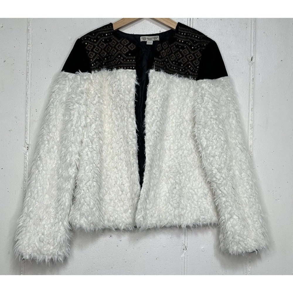 Vintage America Jonna Embellished Cream Faux Fur Boho Jacket Retro Hippie Size L